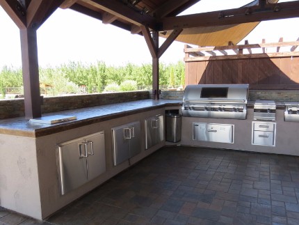 Concrete countertop construction for an outdoor kitchen on a stamped concrete patio in Granite Bay, California